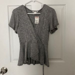 Black/White Striped Wrap Shirt